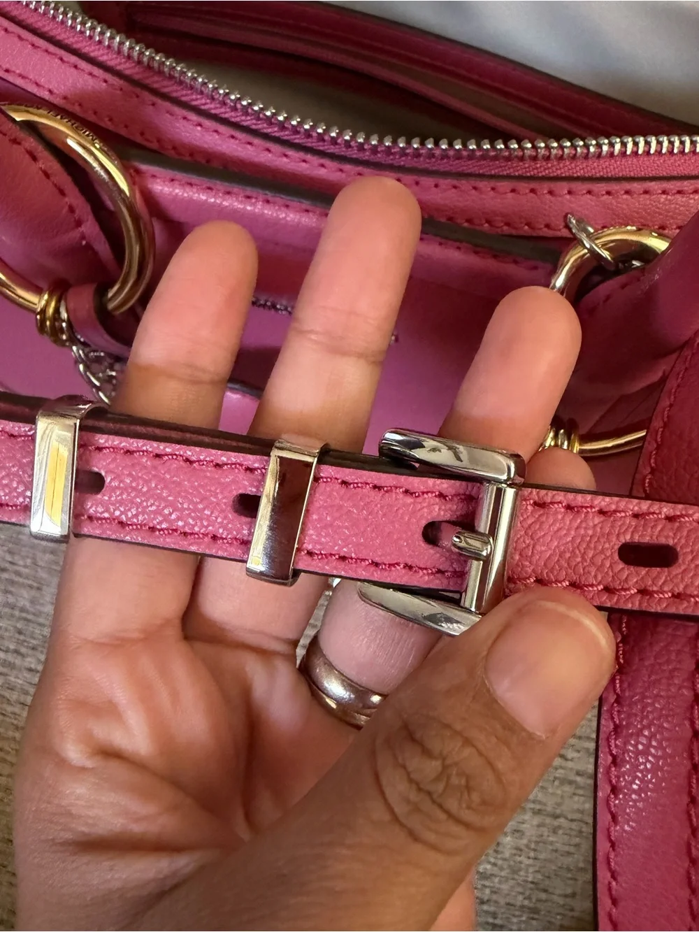 Michael Kors Hot Pink Leather Laila Satchel with Gold & Silver Chain Detail